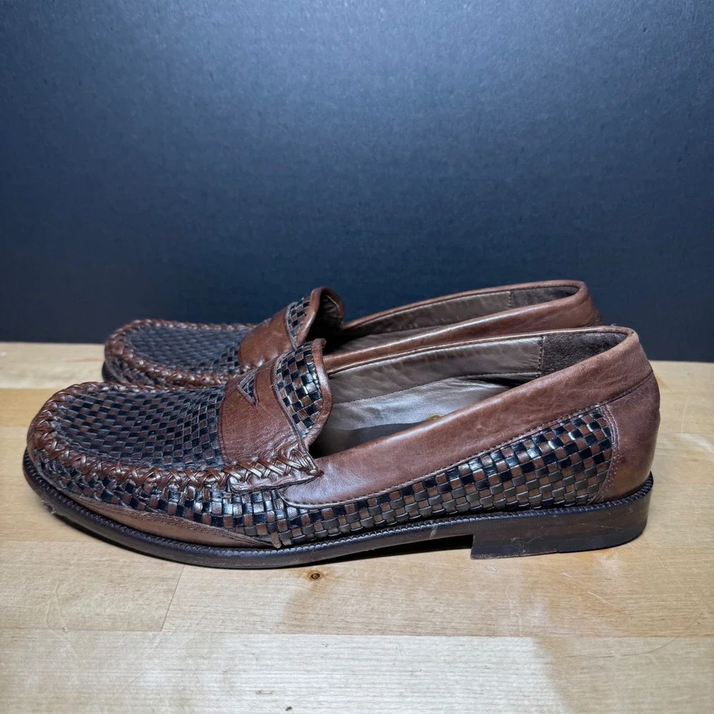 Cole Haan Country Mens 8.5 A Woven Leather Penny Loafers Brown Black F 9439
